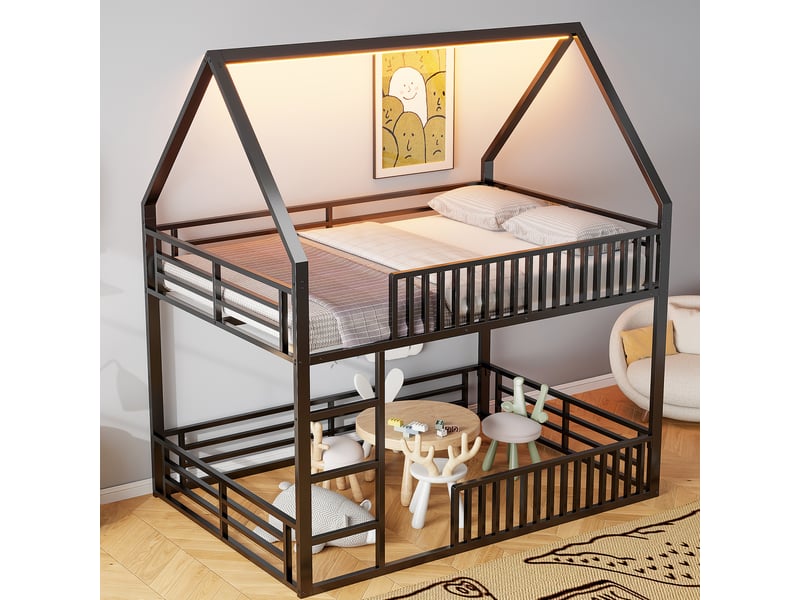  Lit superposé maison 140x200 avec clôture, toit et led 7 couleurs, noir pour enfant  - Conforama C