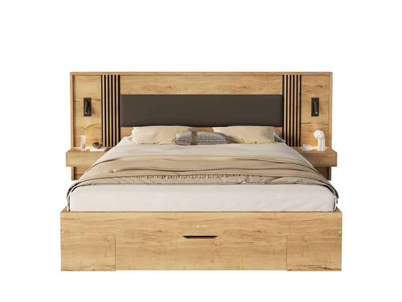 Lit coffre modenvie 160 x 200 cm avec matelas inclus, 2 chevets, tiroir, rangements, liseuses et tête de lit rembourrée, coloris naturel - Conforama A