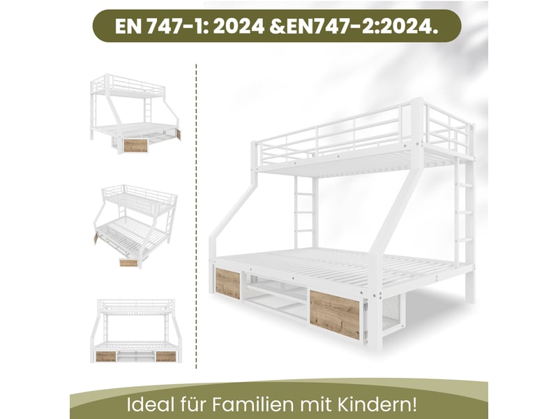  Lit superposé 90x200 et 140x200 en métal, lit enfant avec rangement intégré et échelle, certifié en747, blanc  - Conforama E