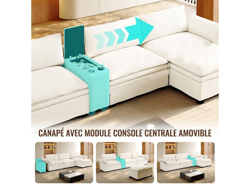  Canapé modulable en chenille angle 4 places 315 cm - recharge sans fil, rangement, lumière  - Conforama R