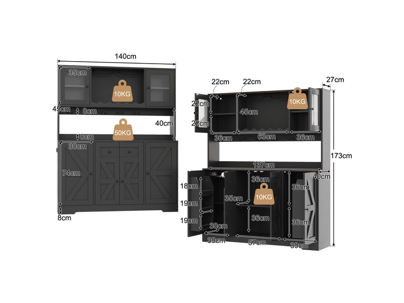  Buffet de cuisine haut 140x40x173 cm noir avec led rgb, 2 prises + 2 usb, casier à vin et porte-verres Fay Lum - Conforama C