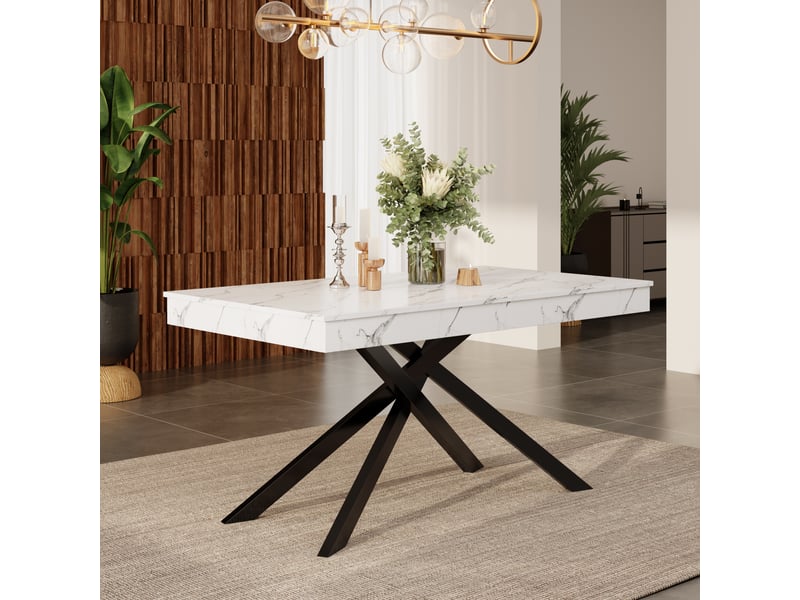  Table à manger extensible 140-180x80 cm pour 6 à 8 personnes, plateau épais, pieds croisés en métal, mdf blanc, salle à manger et cuisine  - Conforama C