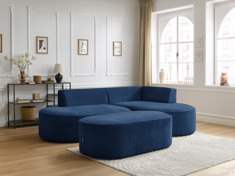 Bobochic canapé d'angle fixe rousseau tissu texturé avec pouf bleu foncé angle droit ROUSSEAU - Conforama C