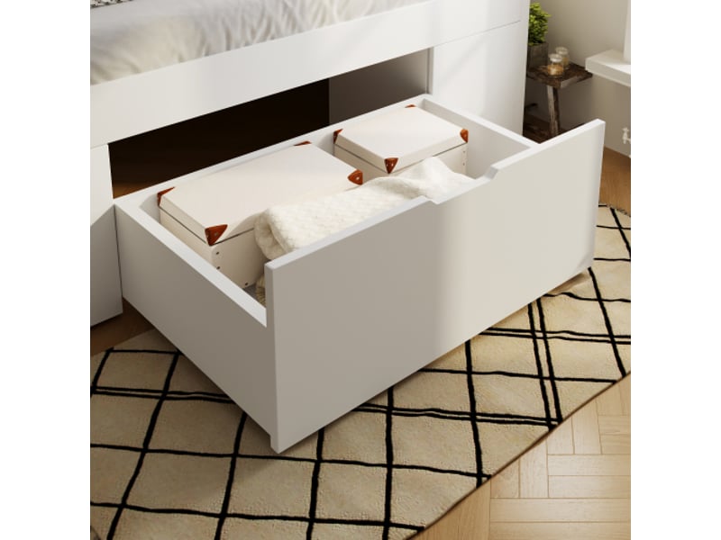  Lit double 90x200 cm avec led et table de chevet mobile, lit simple avec usb-c, tiroir et étagères, en bois, matelas inlus, blanc  - Conforama E