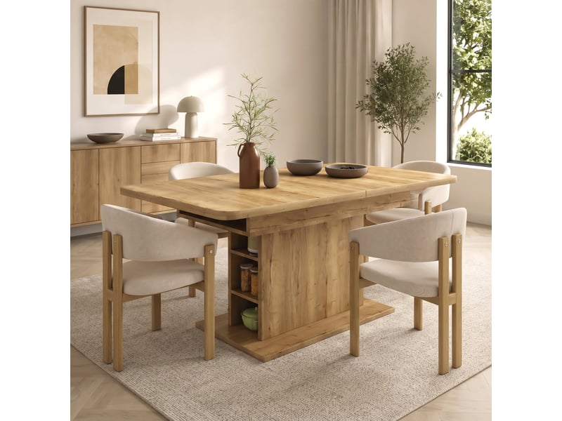  Ensemble table + 4 chaises de salle à manger, table extensible 110130 cm avec rangement, chaises métal effet bois et tissu lin, style moderne  - Conforama R