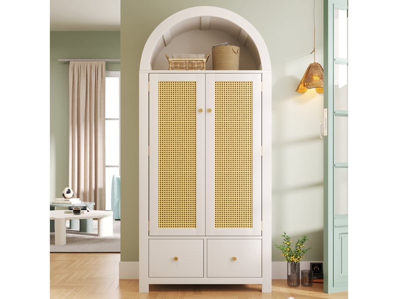 Armoire modenvie 78 x 45 x 181 cm style campagne blanc 2 portes 2 tiroirs penderie avec rangement ouvert mdf et métal - Conforama B