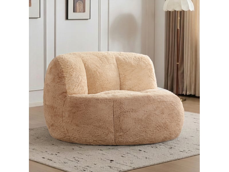  Fauteuil pouf avec mousse déchiquetée, dessous antidérapant et poignée en fausse fourrure marron et camel  - Conforama B