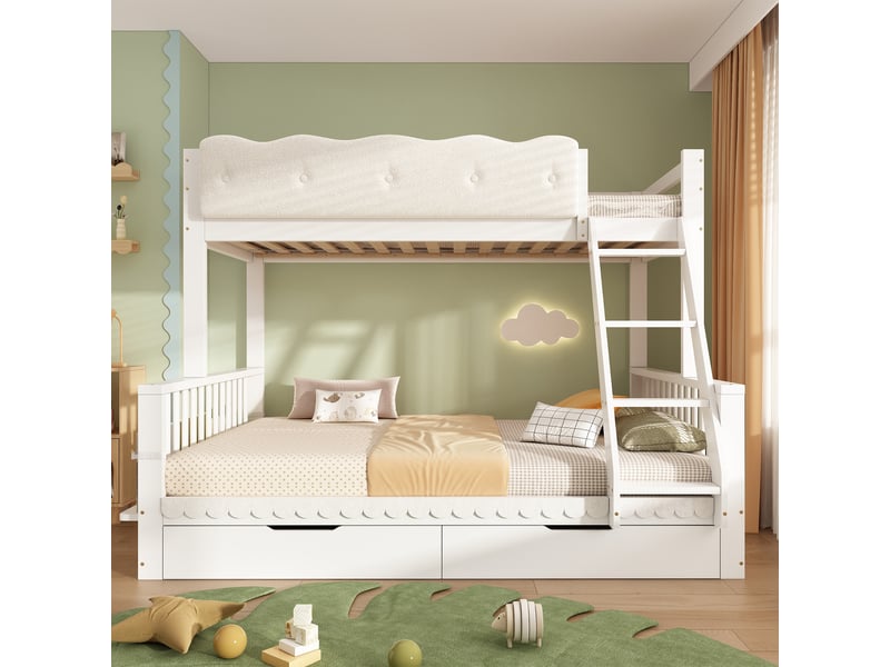 Lit superposé enfant 90x200 et 140x200 avec tiroirs et porte-revues, lit familial en bois blanc, barrière nuage, certifié en 747. - Conforama B