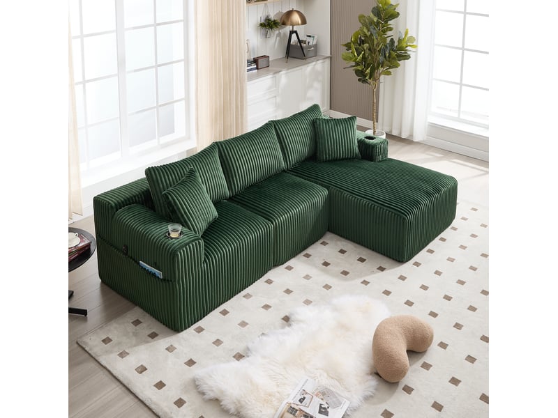 Canapé modulable 3 places 257x160x62 cm avec chaise longue, velours côtelé, vert émeraude - Conforama E