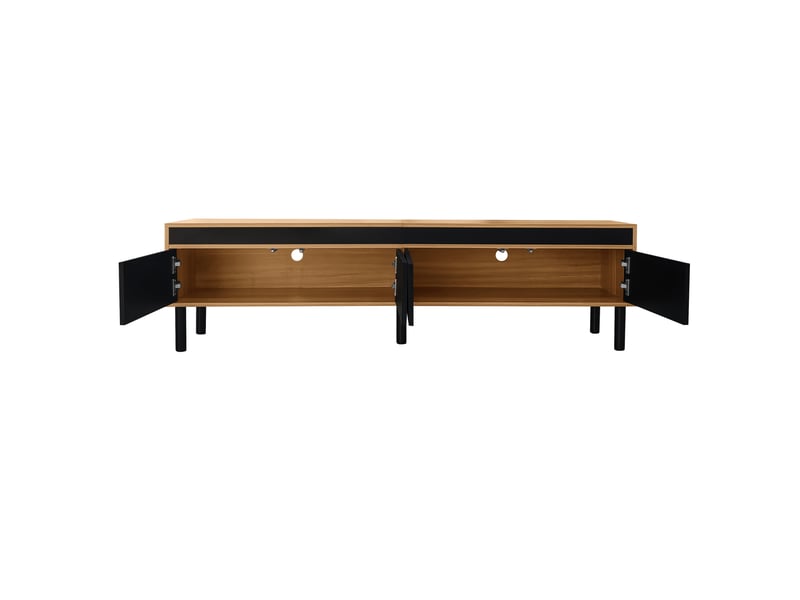  Meuble télévision bas 170x38x47 cm, 4 portes, grand rangement, pieds bois, panneau particules, noir et naturel  - Conforama E