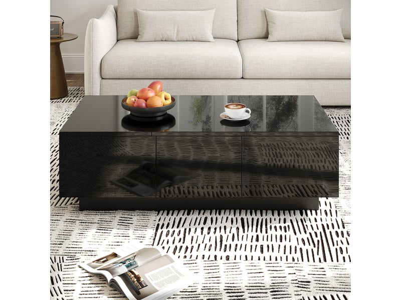  Table basse avec 2 tiroirs et compartiments coulissants, finition brillante partielle, pour salon, en panneaux, noir - uvrion  - Conforama C
