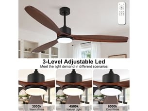 Ventilateur de plafond 177 cm éclairage led 3 pales bois massif noyer et noir réversible 6 vitesses télécommande silencieux