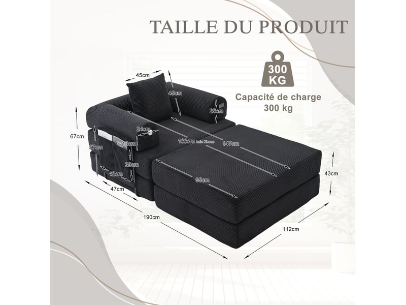  Fauteuil modulaire modenvie en velours côtelé noir avec pouf, coussin et poche latérale 112 x 190 x 67 cm  - Conforama C