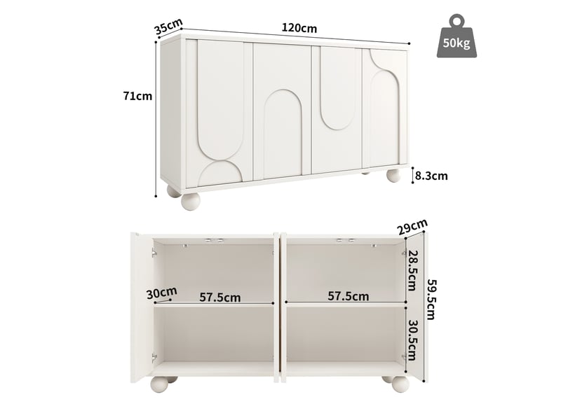 Buffet blanc moderne 120x35x71 cm, meuble rangement cuisine avec portes auto-rebond et étagères ajustables - Conforama C