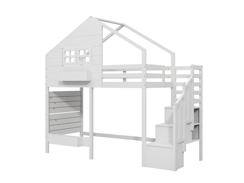  Lit superposé enfant 90x200 cm – blanc – escalier de rangement, fenêtre et espace de jeu avec sommier  - Conforama D