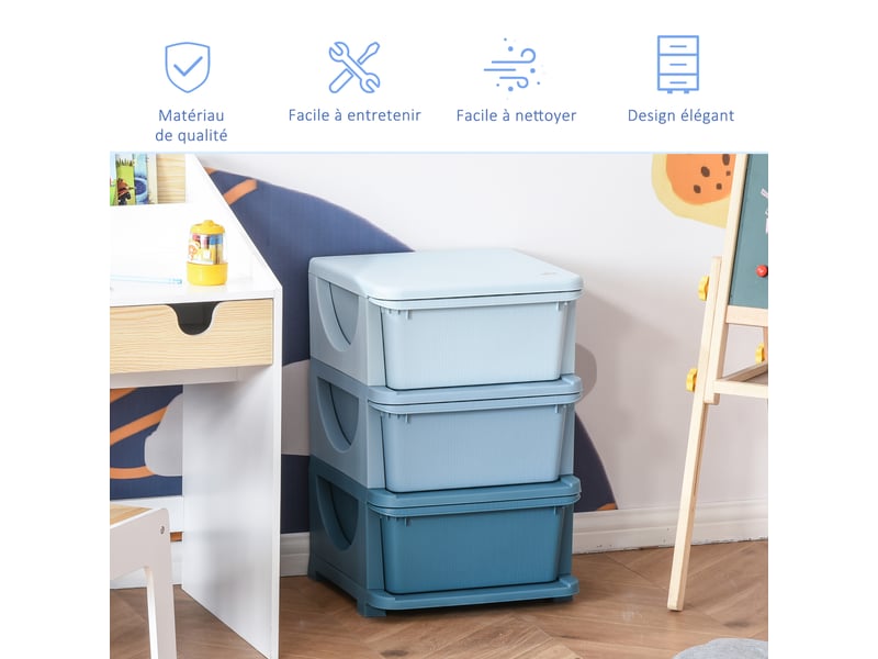  Organisateur de jouets pour enfants avec tiroirs à 3 niveaux, boîtes de rangement en plastique, bleu, 37 x 37 x 56,5 cm  - Conforama W