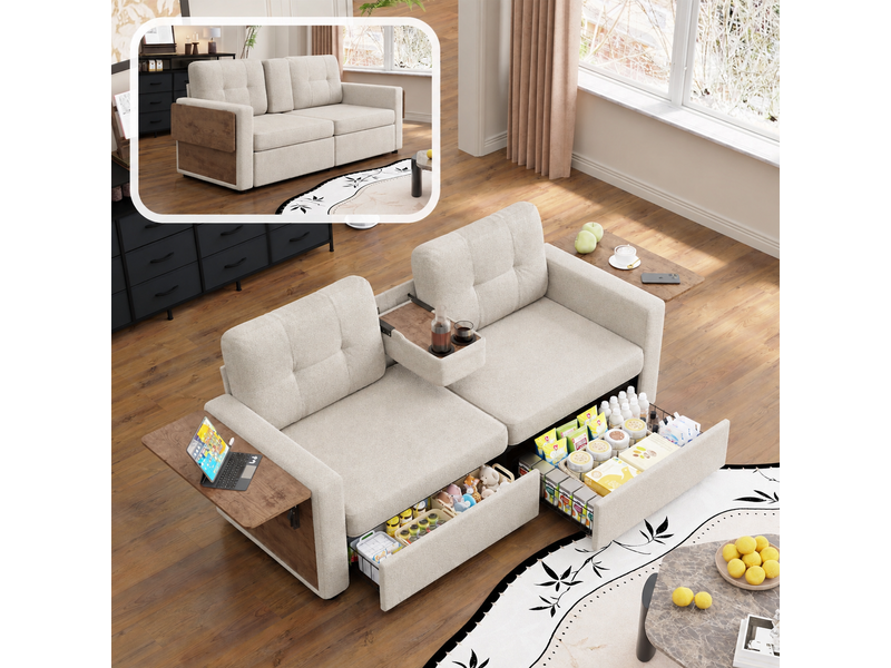  Canapé droit 2 places en chenille beige avec 2 tiroirs et tablettes, 178 cm Fay Lum - Conforama B