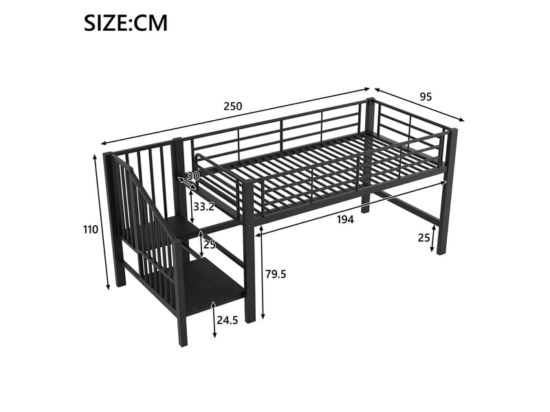  Lit mezzanine mi-hauteur enfant 90x200 cm avec escalier de rangement noir  - Conforama E
