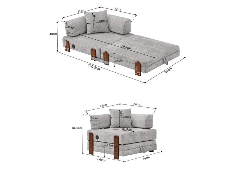  Canapé-lit modenvie convertible pliant 1 place en tissu gris clair avec ports usb et type-c, rangement, 84 x 170,5 x 48 cm  - Conforama C
