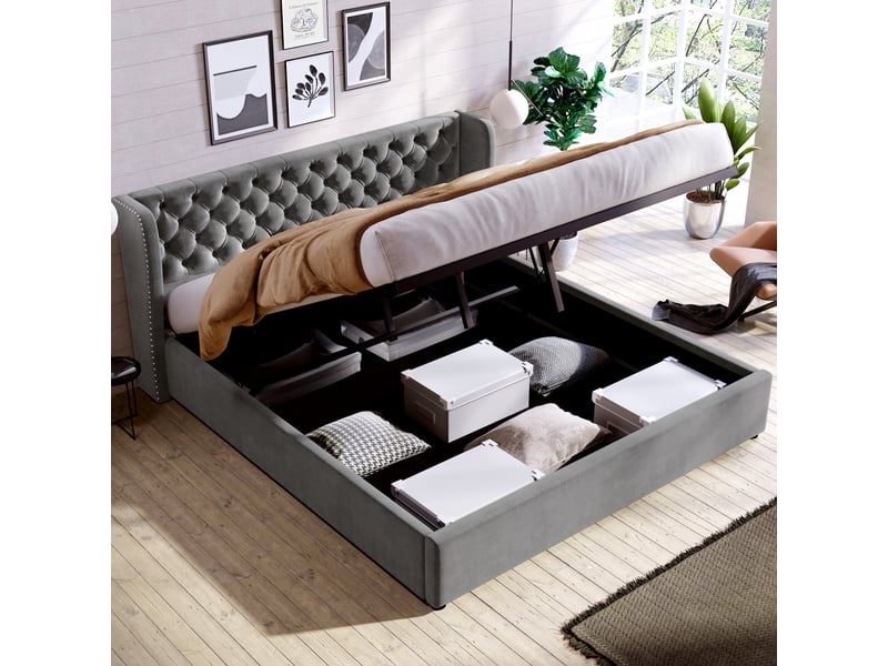  Lit double velours 160x200 gris - lit coffre avec sommier à lattes et tête de lit capitonnée  - Conforama E