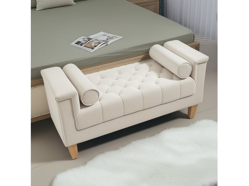  Banquette vintage 115x44x58 cm avec accoudoirs, revêtement chenille, bois, beige  - Conforama B
