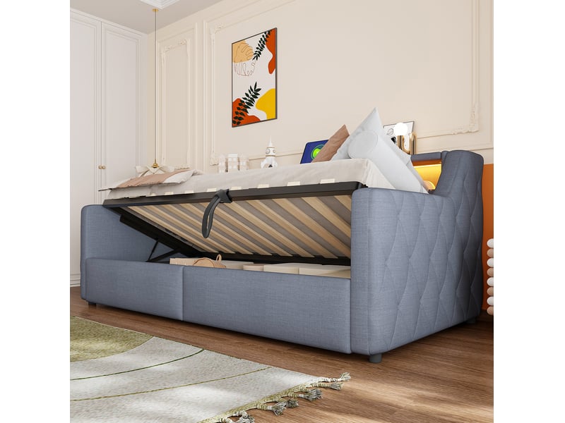 Lit de jour 90x200 cm, mdf, gris, équipé de ports usb et usb-c, de rangement hydraulique et de bande led, sans matelas - Conforama B