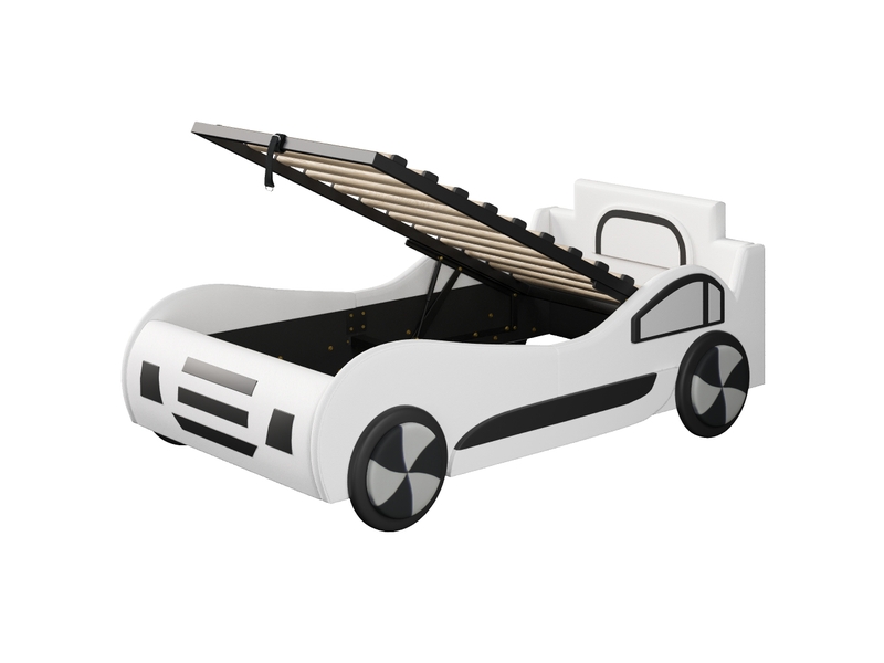  Lit coffre enfant 90x200 cm - rangement hydraulique sous le lit - lit voiture avec sommier - pu mdf - blanc  - Conforama W