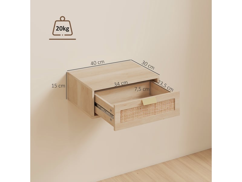  Lot de 2 tables de chevet murales avec tiroir rotin coloris chêne 40 x 30 x 15 cm  - Conforama C