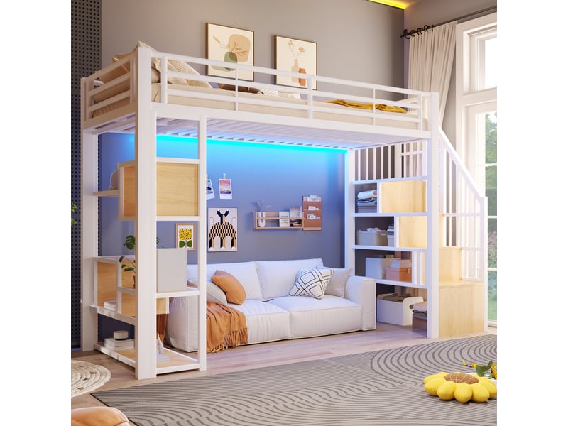  Lit mezzanine 90x200 cm, lit enfant, rangement, échelle sécurisée, barrière antichute, led, bois et métal blanc  - Conforama C