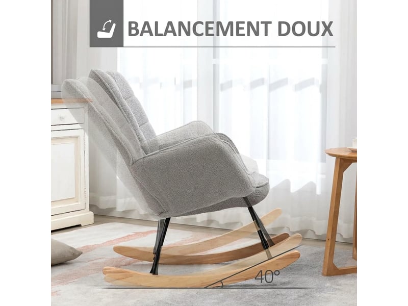  Fauteuil à bascule gris clair en tissu polaire, fauteuil relax de salon avec accoudoirs, 71 x 98 x 101 cm  - Conforama R
