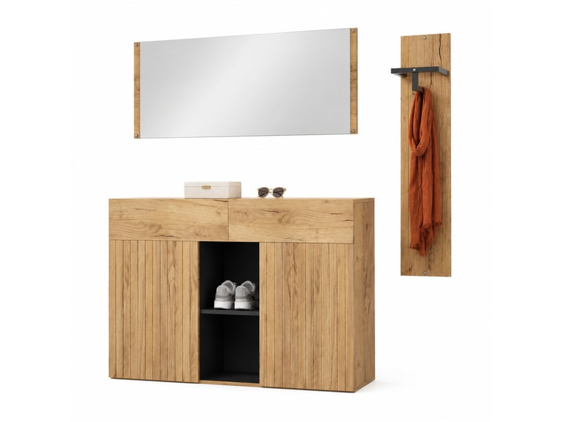  Meuble d’entrée avec miroir et penderie - lpospi - 2 portes, 2 tiroirs, mdf noir et naturel 125 × 35 × 178 cm  - Conforama A