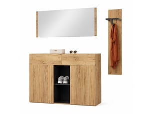 Meuble d’entrée avec miroir et penderie - 2 portes, 2 tiroirs, mdf noir et naturel 125 × 35 × 178 cm
