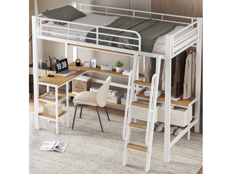  Lit mezzanine 90x200 cm, bureau, rangement et escalier, chambre lit enfant, métal et mdf, blanc et naturel sans matelas  - Conforama B