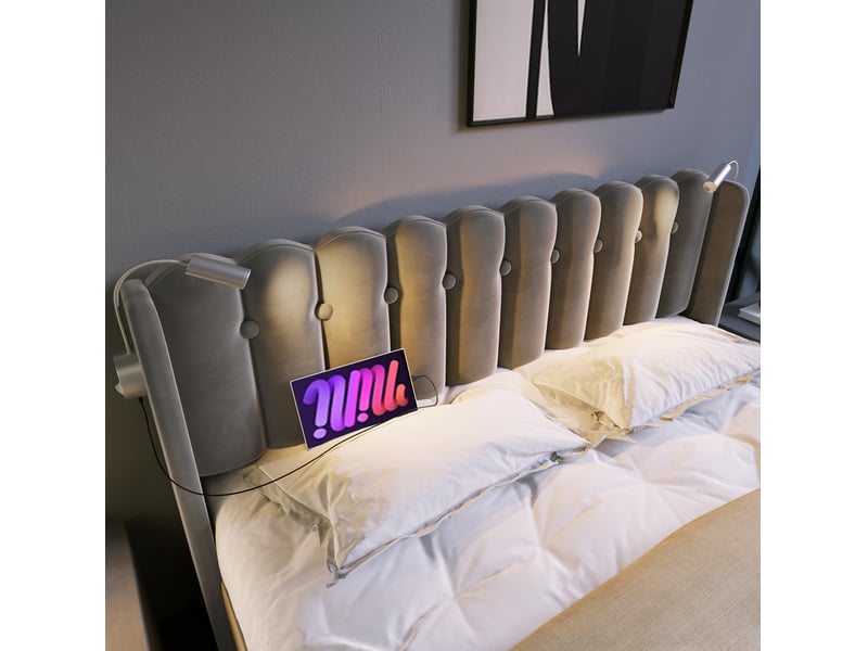  Lit coffre 2 places 140x200 cm gris, coffre, usb et liseuses  - Conforama E
