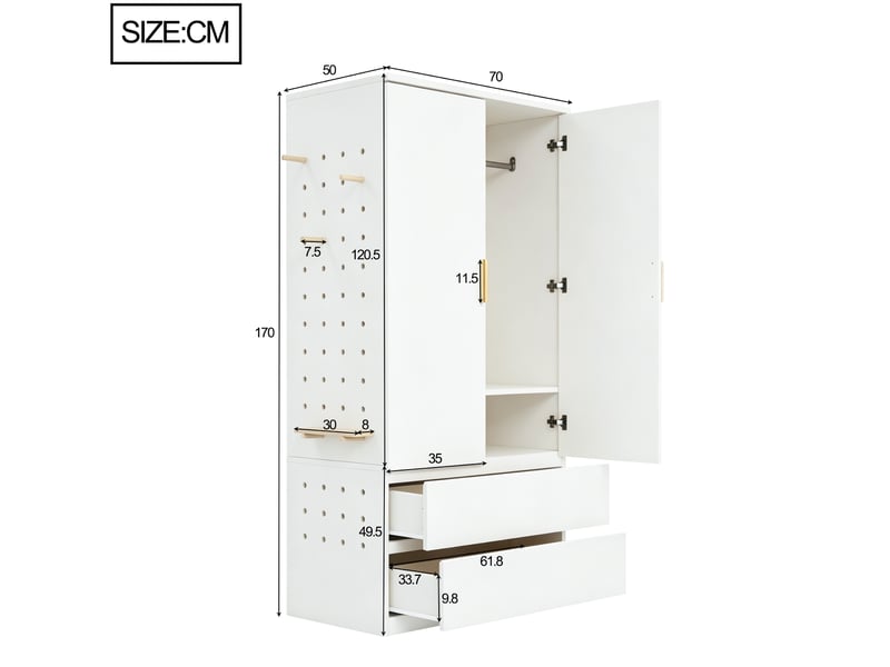  Armoire 70x50x170 cm blanche avec 2 tiroirs et panneau perforé  - Conforama C