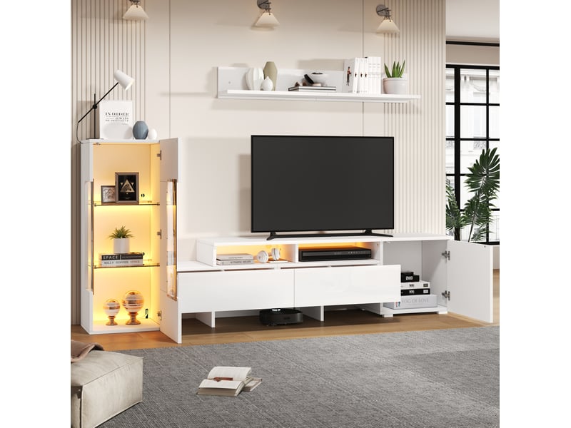  Ensemble meuble tv 3 pièces blanc avec led, finition brillante, pour téléviseur jusqu'à 70 pouces  - Conforama D