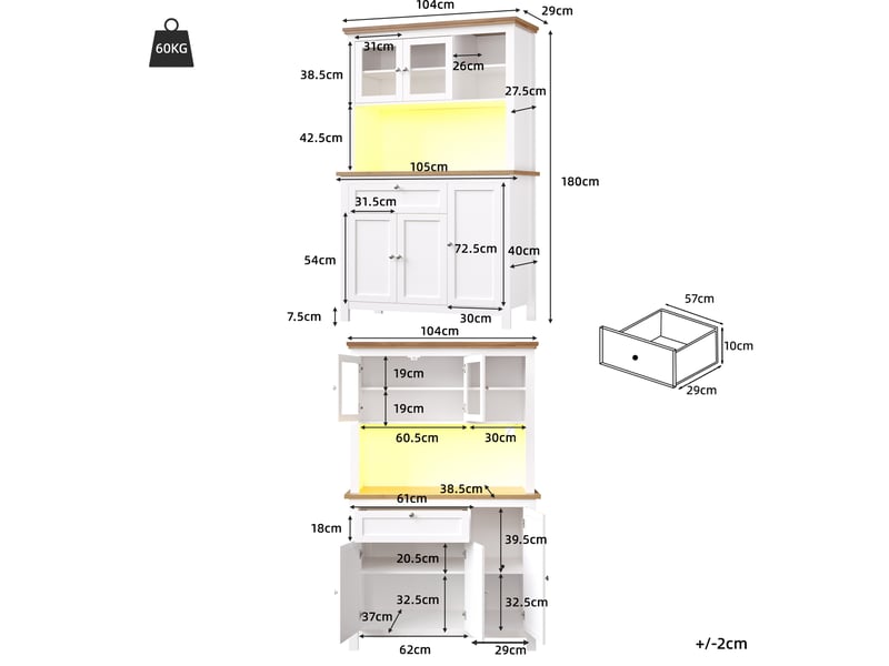  Buffet de cuisine 104 x 40 x 180 cm avec éclairage led et étagères réglables, blanc  - Conforama C