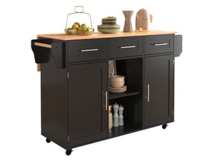 Îlot de cuisine avec rangements et plateau rabattable - avec roulettes - en mdf - noir et bois - 139 × 46(71) × 91,5 cm
