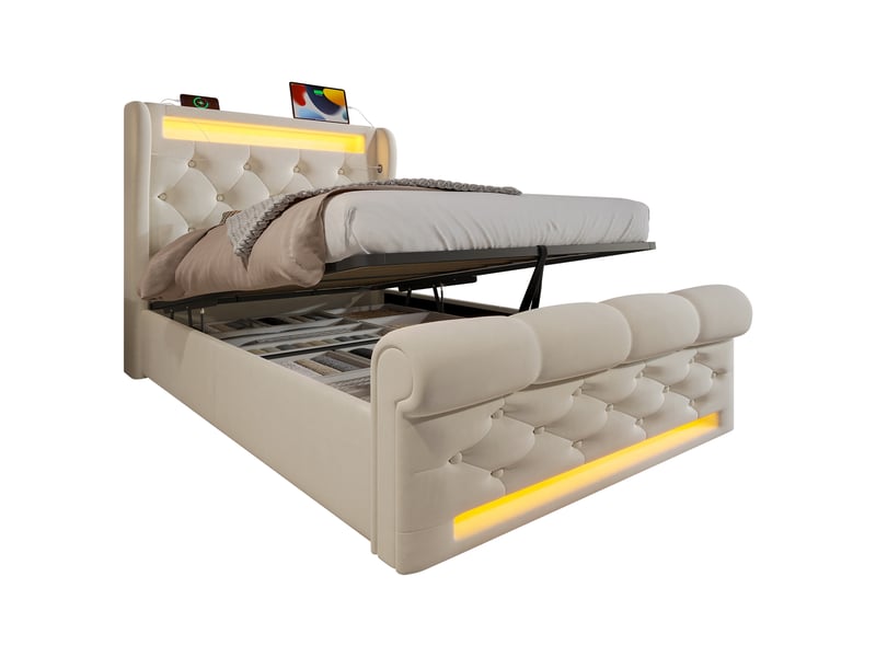  Lit coffre 90 x 200 cm avec led et usb-c, velours beige  - Conforama D