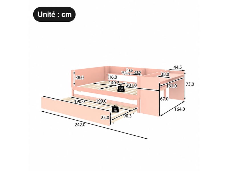 Lit gigogne fermé 140x200 cm, ouvert 140x200 + 90x190 cm, bureau, pin et panneaux, blanc et rose, sans matelas - Conforama C