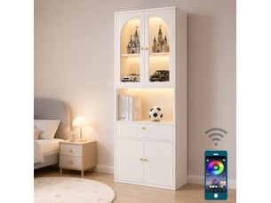 Vitrine avec portes vitrées arquées, niche, tiroir et led rgb réglables pour salon en mdf blanc 70 × 35 × 180 cm