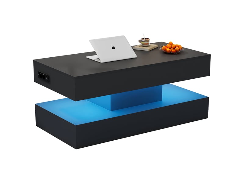 Table basse de salon 100x50x56cm avec led, espace de rangement, levage, style de design, aggloméré, noir - Conforama A