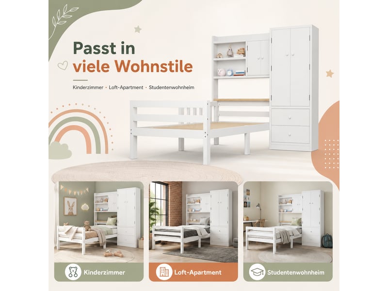 Lit enfant 90x200 cm avec armoire, tiroirs et étagères de rangement, lit simple multifonction gain de place pour chambre enfant - blanc - Conforama D