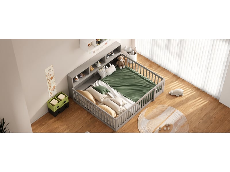  Lit banquette 140x200 cm gris pin avec sommier lattes rangement et barrière de sécurité Sol Morn - Conforama E