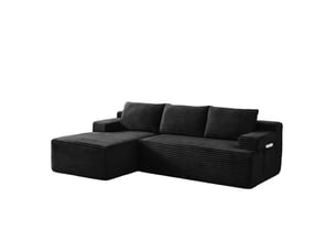 Canapé d'angle compressé en l 238x152x66 cm modulable 3 places, mousse et velours côtelé couleur noir, moderne