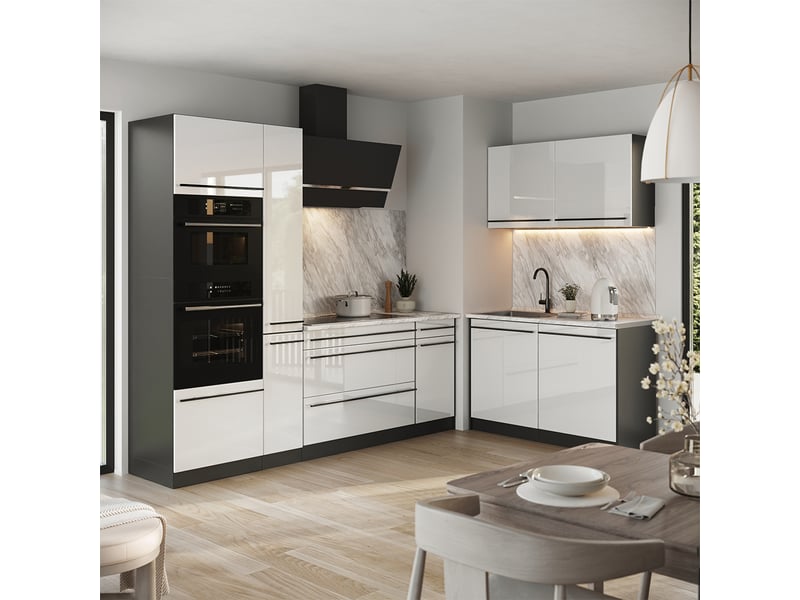  Vicco cuisine en angle, blanc haute brillanceanthracite, 230 x 120 cm plan de travail anthracite  - Conforama C