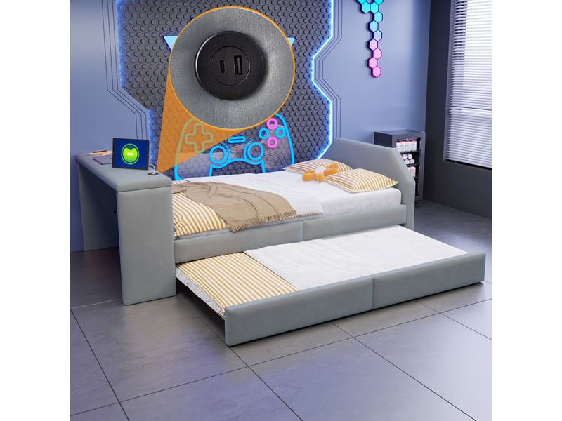  Lit pour enfant rembourré 90x200 cm – avec port de charge usb – avec lit gigogne – velours – gris (matelas non inclus)  - Conforama R