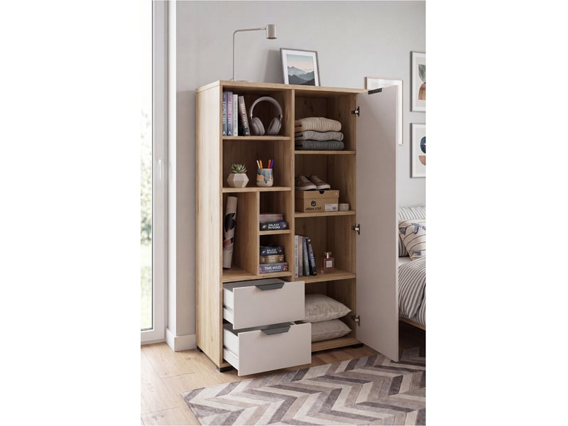  Bibliothèque avec 2 tiroirs et 1 porte coloris chêne mauvellacachemire - longueur 90 x profondeur 40 x hauteur 137,5 cm  - Conforama D
