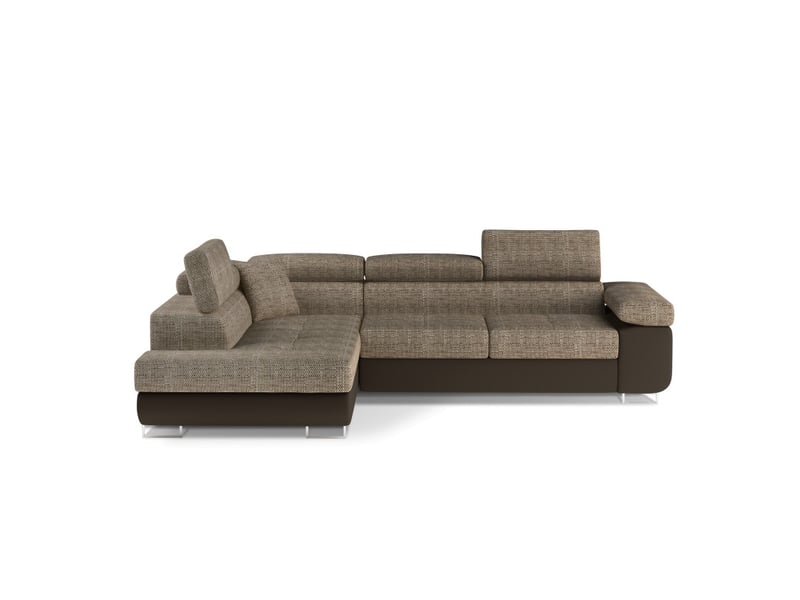 Canapé d'angle convertible menton beige et chocolat bouclé – angle gauche avec coffre - Conforama A