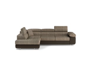 Canapé d'angle convertible menton beige et chocolat bouclé – angle gauche avec coffre